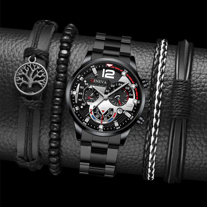2pcs Men's New Popular Steel Strip Fashion Business Three Eye Quartz Watch Bracelet Set