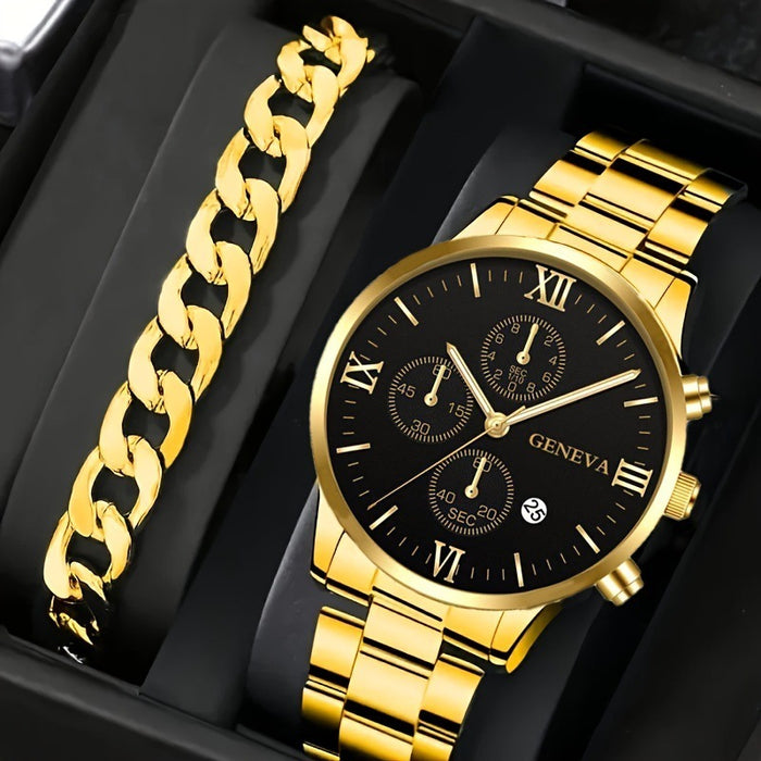 2pcs Men's New Popular Steel Strip Fashion Business Three Eye Quartz Watch Bracelet Set