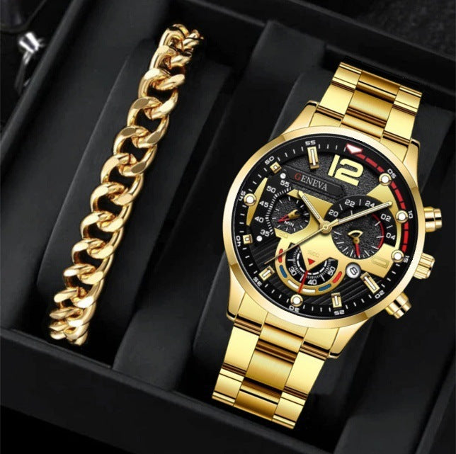 2pcs Men's New Popular Steel Strip Fashion Business Three Eye Quartz Watch Bracelet Set