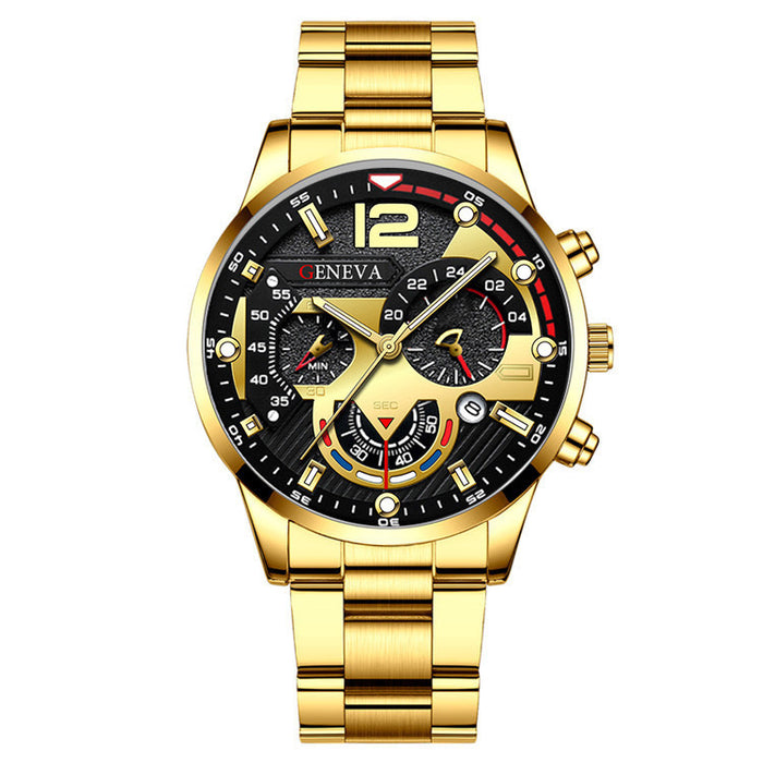 2pcs Men's New Popular Steel Strip Fashion Business Three Eye Quartz Watch Bracelet Set