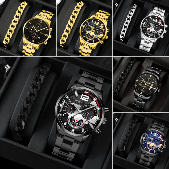 2pcs Men's New Popular Steel Strip Fashion Business Three Eye Quartz Watch Bracelet Set