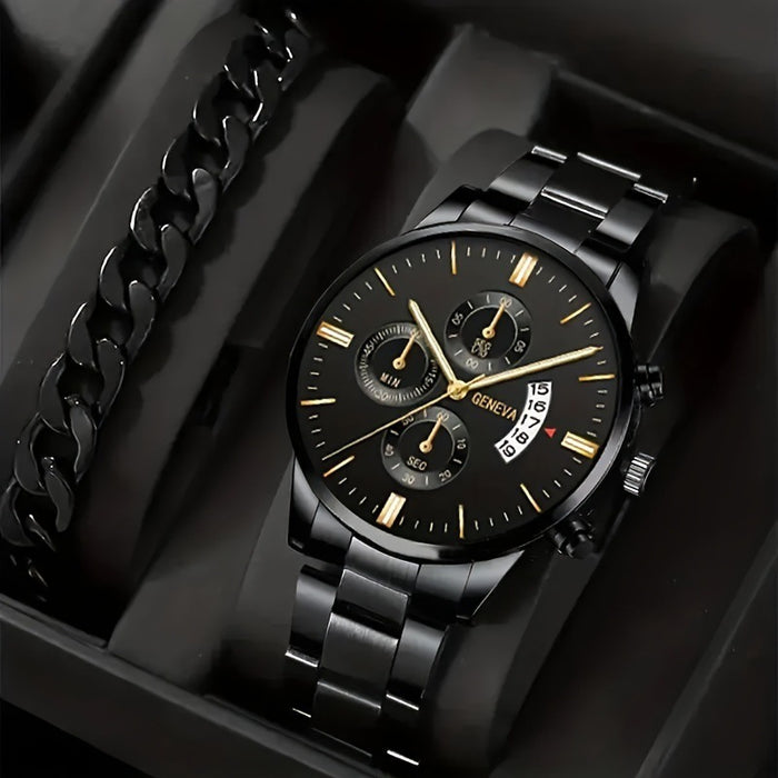 2pcs Men's New Popular Steel Strip Fashion Business Three Eye Quartz Watch Bracelet Set