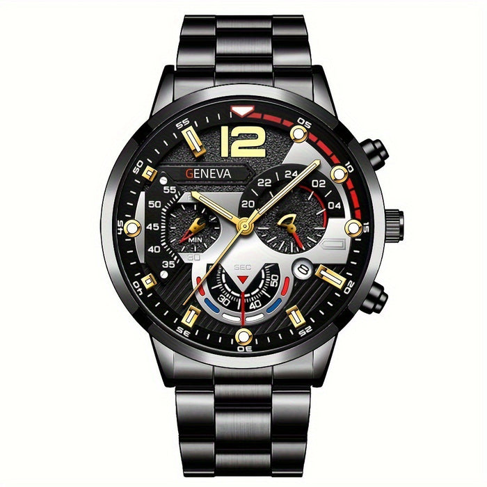 2pcs Men's New Popular Steel Strip Fashion Business Three Eye Quartz Watch Bracelet Set