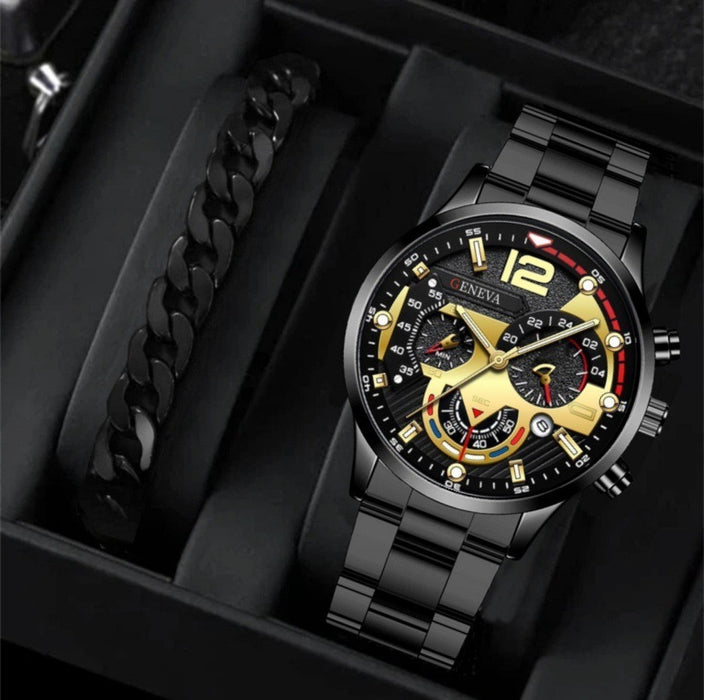 2pcs Men's New Popular Steel Strip Fashion Business Three Eye Quartz Watch Bracelet Set