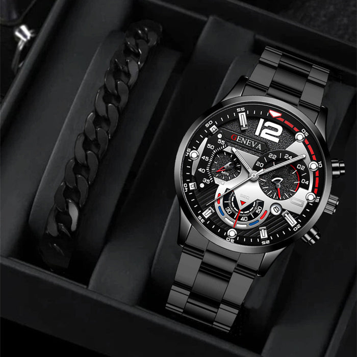2pcs Men's New Popular Steel Strip Fashion Business Three Eye Quartz Watch Bracelet Set
