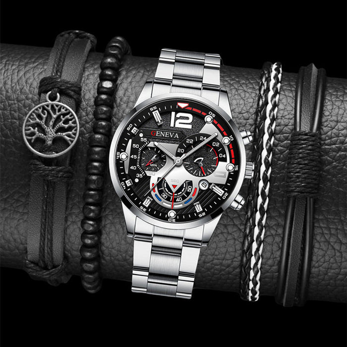 2pcs Men's New Popular Steel Strip Fashion Business Three Eye Quartz Watch Bracelet Set