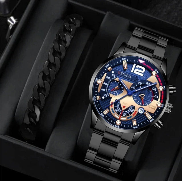 2pcs Men's New Popular Steel Strip Fashion Business Three Eye Quartz Watch Bracelet Set