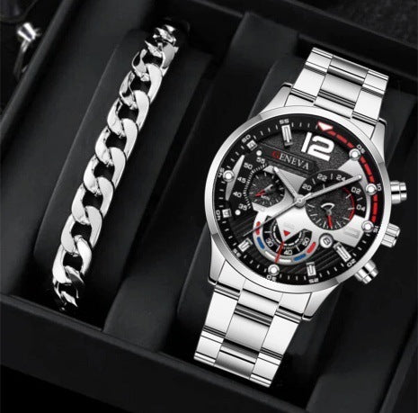 2pcs Men's New Popular Steel Strip Fashion Business Three Eye Quartz Watch Bracelet Set