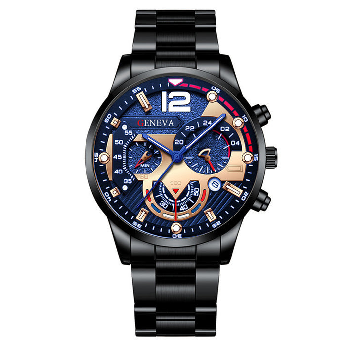 2pcs Men's New Popular Steel Strip Fashion Business Three Eye Quartz Watch Bracelet Set