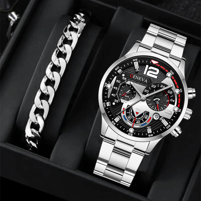 2pcs Men's New Popular Steel Strip Fashion Business Three Eye Quartz Watch Bracelet Set