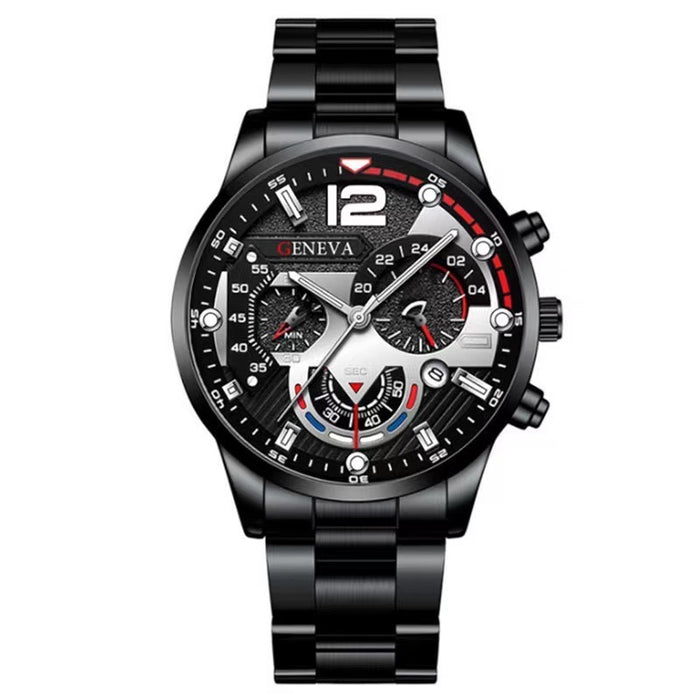 2pcs Men's New Popular Steel Strip Fashion Business Three Eye Quartz Watch Bracelet Set