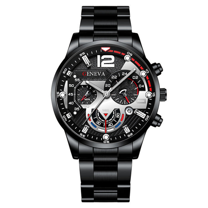 2pcs Men's New Popular Steel Strip Fashion Business Three Eye Quartz Watch Bracelet Set