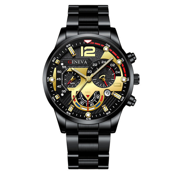 2pcs Men's New Popular Steel Strip Fashion Business Three Eye Quartz Watch Bracelet Set