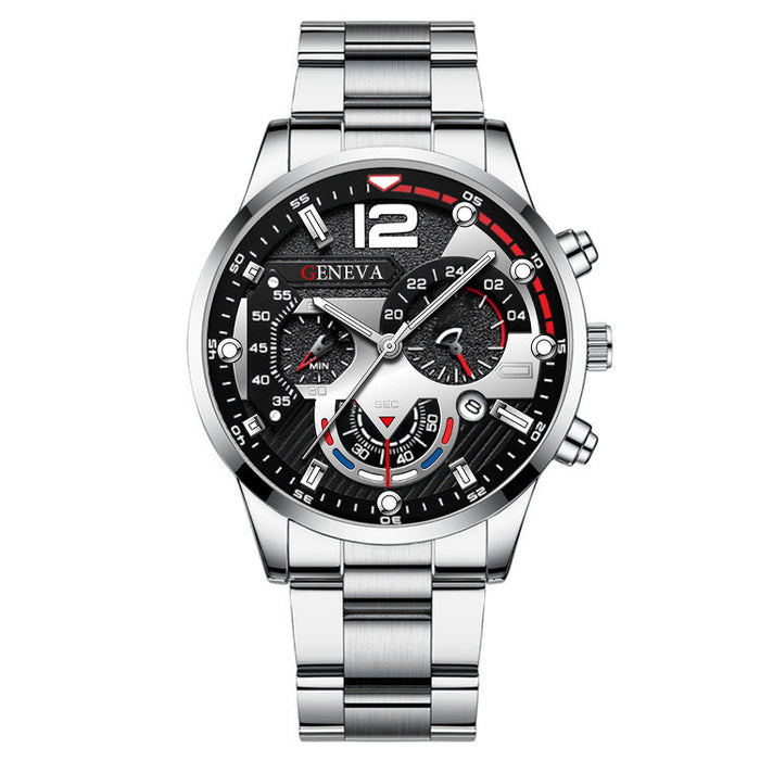 2pcs Men's New Popular Steel Strip Fashion Business Three Eye Quartz Watch Bracelet Set